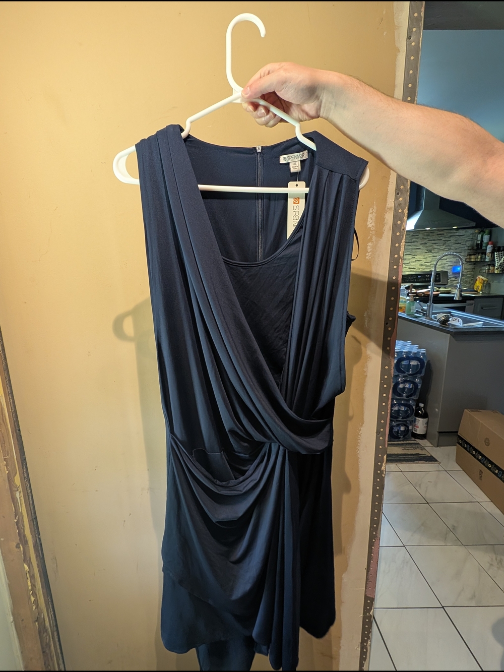 SPANNER Navy Asymmetrical Draped Sleeveless Dress